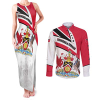 Trinidad and Tobago National Map Couples Matching Tank Maxi Dress and Long Sleeve Button Shirt with Scarlet Ibis and Coat of Arms on Red White Star Theme - Wonder Print Shop