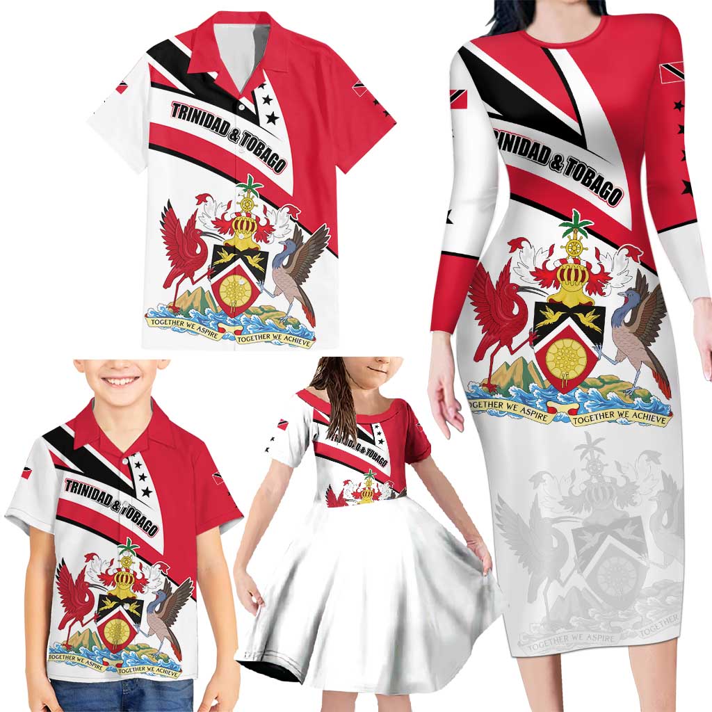 Trinidad and Tobago National Map Family Matching Long Sleeve Bodycon Dress and Hawaiian Shirt with Scarlet Ibis and Coat of Arms on Red White Star Theme - Wonder Print Shop