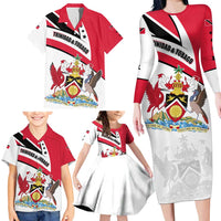 Trinidad and Tobago National Map Family Matching Long Sleeve Bodycon Dress and Hawaiian Shirt with Scarlet Ibis and Coat of Arms on Red White Star Theme - Wonder Print Shop