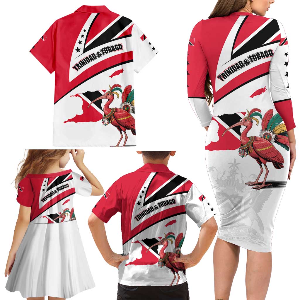 Trinidad and Tobago National Map Family Matching Long Sleeve Bodycon Dress and Hawaiian Shirt with Scarlet Ibis and Coat of Arms on Red White Star Theme - Wonder Print Shop