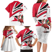 Trinidad and Tobago National Map Family Matching Long Sleeve Bodycon Dress and Hawaiian Shirt with Scarlet Ibis and Coat of Arms on Red White Star Theme - Wonder Print Shop