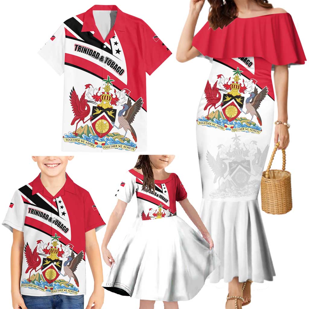 Trinidad and Tobago National Map Family Matching Mermaid Dress and Hawaiian Shirt with Scarlet Ibis and Coat of Arms on Red White Star Theme - Wonder Print Shop