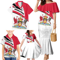 Trinidad and Tobago National Map Family Matching Mermaid Dress and Hawaiian Shirt with Scarlet Ibis and Coat of Arms on Red White Star Theme - Wonder Print Shop