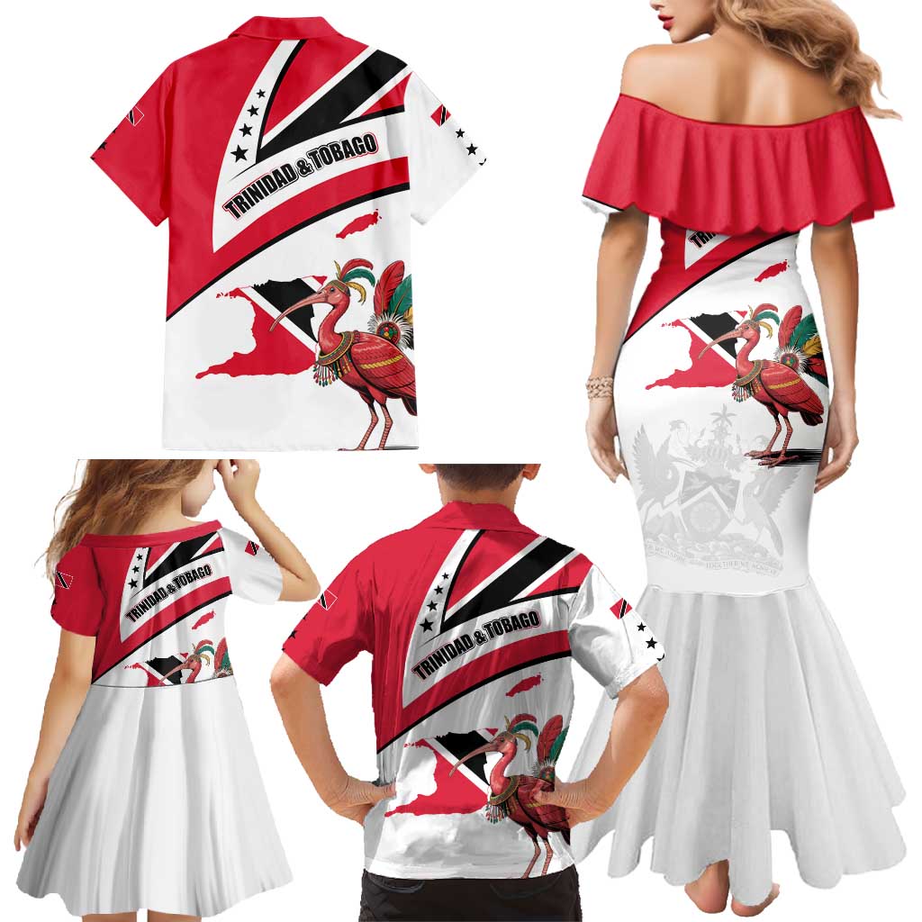 Trinidad and Tobago National Map Family Matching Mermaid Dress and Hawaiian Shirt with Scarlet Ibis and Coat of Arms on Red White Star Theme - Wonder Print Shop