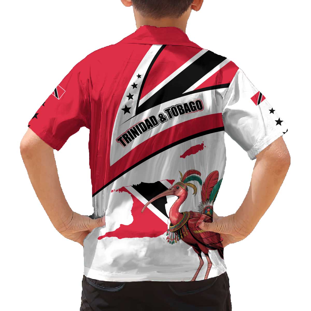 Trinidad and Tobago National Map Family Matching Off The Shoulder Long Sleeve Dress and Hawaiian Shirt with Scarlet Ibis and Coat of Arms on Red White Star Theme - Wonder Print Shop