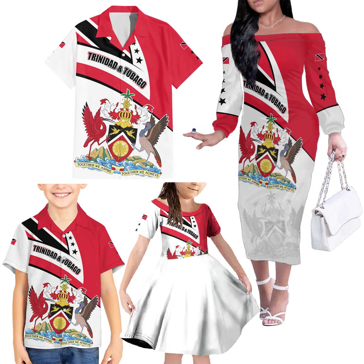 Trinidad and Tobago National Map Family Matching Off The Shoulder Long Sleeve Dress and Hawaiian Shirt with Scarlet Ibis and Coat of Arms on Red White Star Theme - Wonder Print Shop