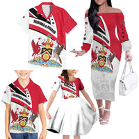 Trinidad and Tobago National Map Family Matching Off The Shoulder Long Sleeve Dress and Hawaiian Shirt with Scarlet Ibis and Coat of Arms on Red White Star Theme - Wonder Print Shop