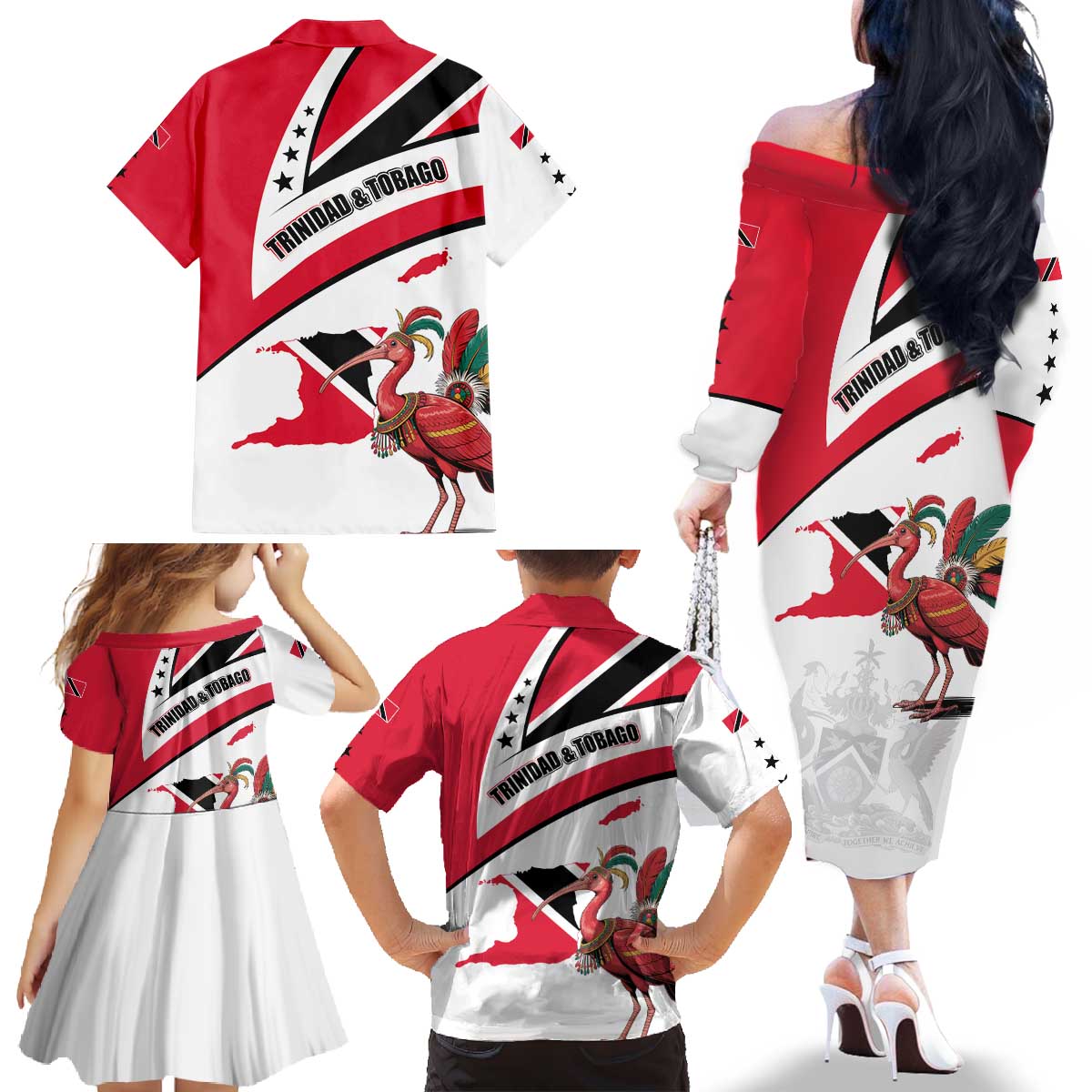 Trinidad and Tobago National Map Family Matching Off The Shoulder Long Sleeve Dress and Hawaiian Shirt with Scarlet Ibis and Coat of Arms on Red White Star Theme - Wonder Print Shop