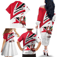 Trinidad and Tobago National Map Family Matching Off The Shoulder Long Sleeve Dress and Hawaiian Shirt with Scarlet Ibis and Coat of Arms on Red White Star Theme - Wonder Print Shop