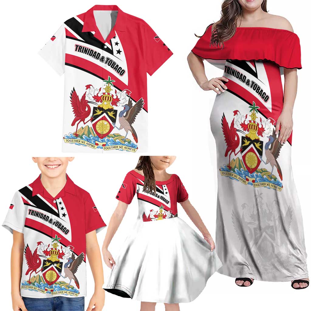 Trinidad and Tobago National Map Family Matching Off Shoulder Maxi Dress and Hawaiian Shirt with Scarlet Ibis and Coat of Arms on Red White Star Theme - Wonder Print Shop