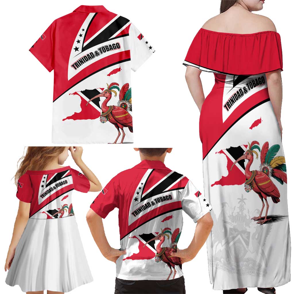 Trinidad and Tobago National Map Family Matching Off Shoulder Maxi Dress and Hawaiian Shirt with Scarlet Ibis and Coat of Arms on Red White Star Theme - Wonder Print Shop