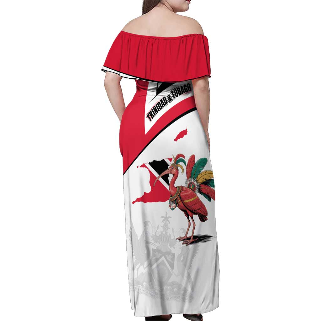Trinidad and Tobago National Map Family Matching Off Shoulder Maxi Dress and Hawaiian Shirt with Scarlet Ibis and Coat of Arms on Red White Star Theme - Wonder Print Shop