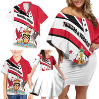Trinidad and Tobago National Map Family Matching Off Shoulder Short Dress and Hawaiian Shirt with Scarlet Ibis and Coat of Arms on Red White Star Theme - Wonder Print Shop
