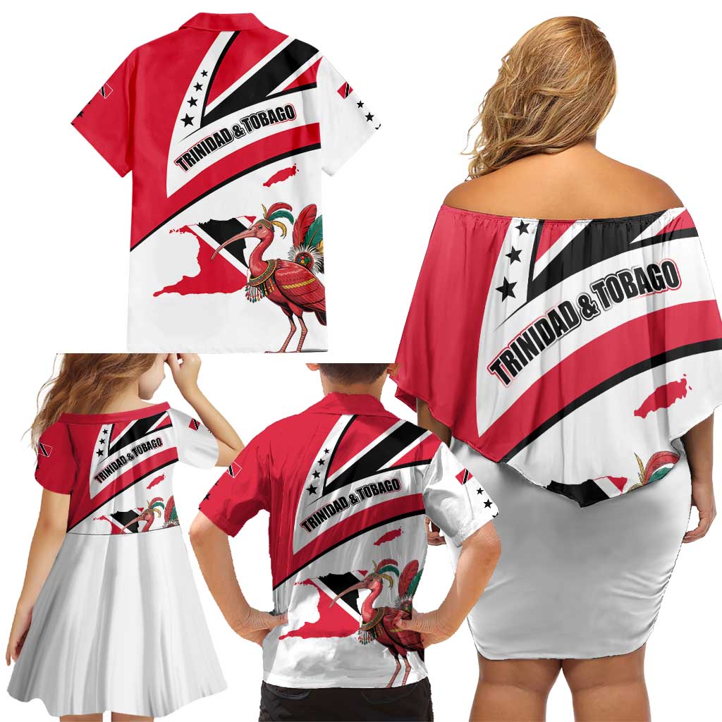 Trinidad and Tobago National Map Family Matching Off Shoulder Short Dress and Hawaiian Shirt with Scarlet Ibis and Coat of Arms on Red White Star Theme - Wonder Print Shop