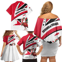 Trinidad and Tobago National Map Family Matching Off Shoulder Short Dress and Hawaiian Shirt with Scarlet Ibis and Coat of Arms on Red White Star Theme - Wonder Print Shop