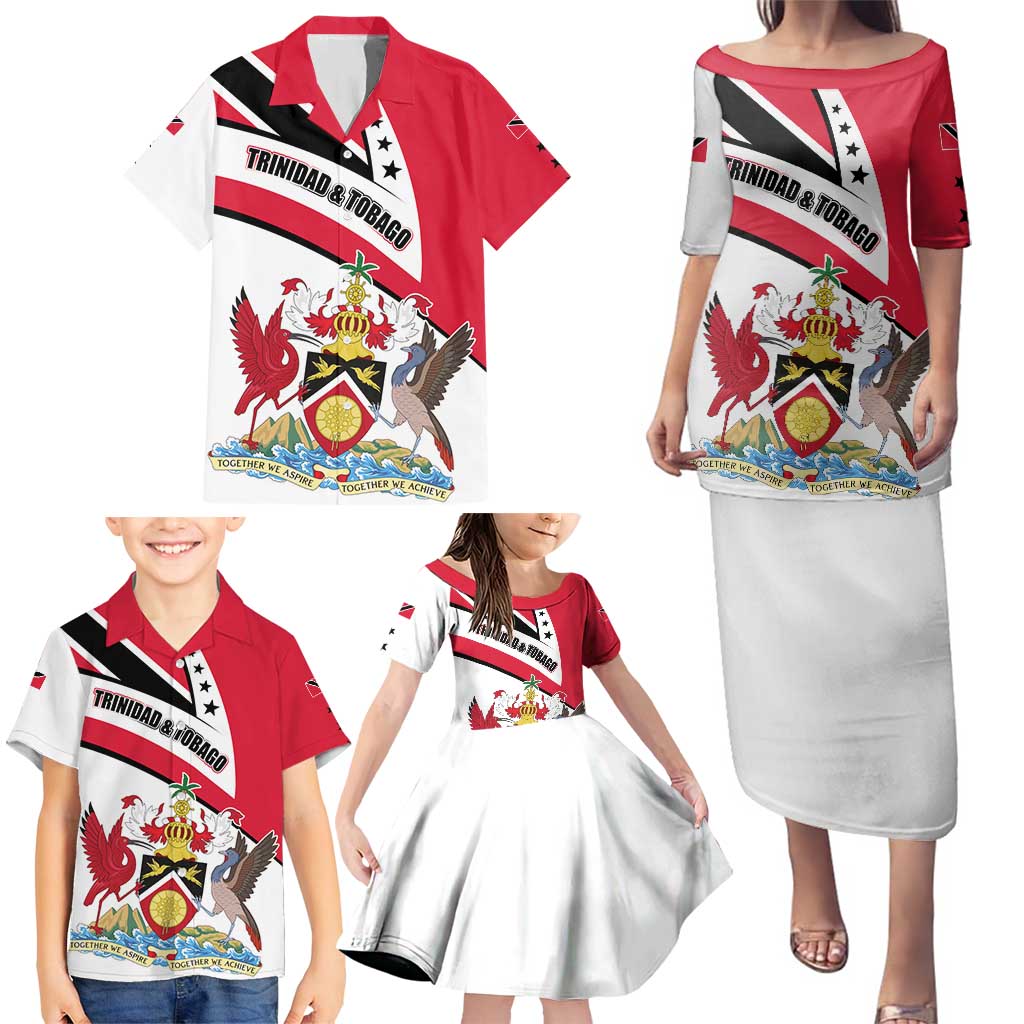 Trinidad and Tobago National Map Family Matching Puletasi and Hawaiian Shirt with Scarlet Ibis and Coat of Arms on Red White Star Theme - Wonder Print Shop