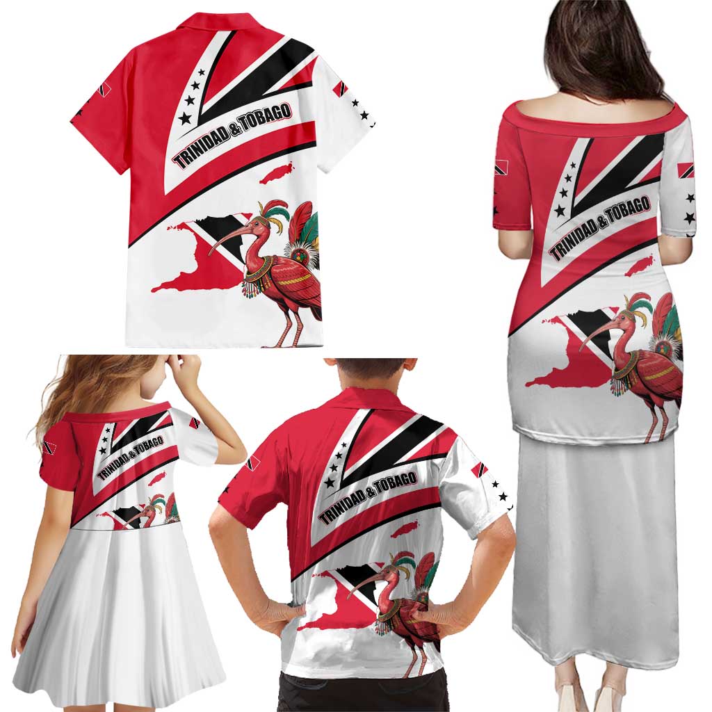 Trinidad and Tobago National Map Family Matching Puletasi and Hawaiian Shirt with Scarlet Ibis and Coat of Arms on Red White Star Theme - Wonder Print Shop