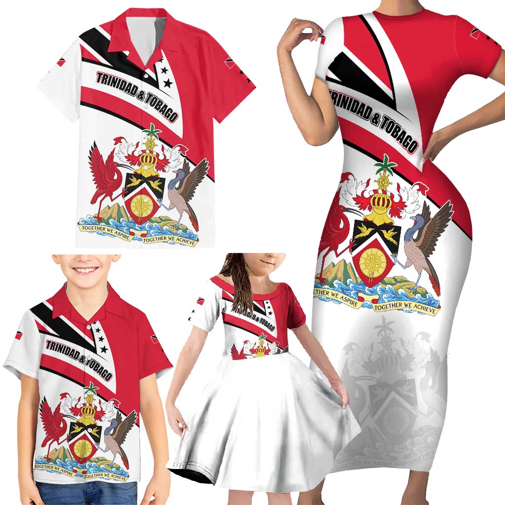Trinidad and Tobago National Map Family Matching Short Sleeve Bodycon Dress and Hawaiian Shirt with Scarlet Ibis and Coat of Arms on Red White Star Theme - Wonder Print Shop