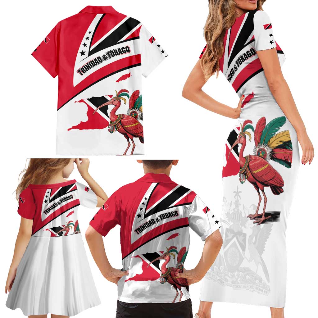 Trinidad and Tobago National Map Family Matching Short Sleeve Bodycon Dress and Hawaiian Shirt with Scarlet Ibis and Coat of Arms on Red White Star Theme - Wonder Print Shop