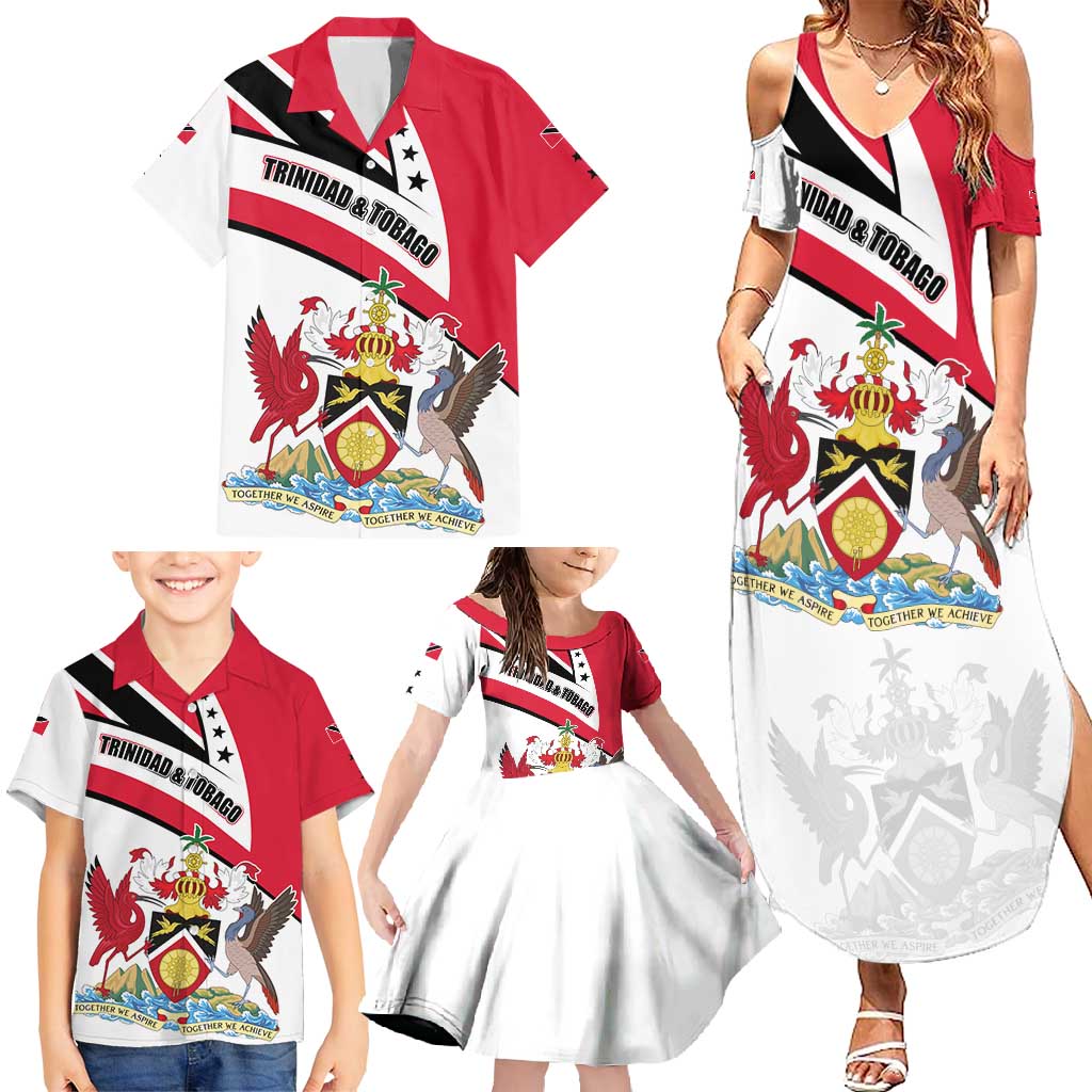Trinidad and Tobago National Map Family Matching Summer Maxi Dress and Hawaiian Shirt with Scarlet Ibis and Coat of Arms on Red White Star Theme - Wonder Print Shop