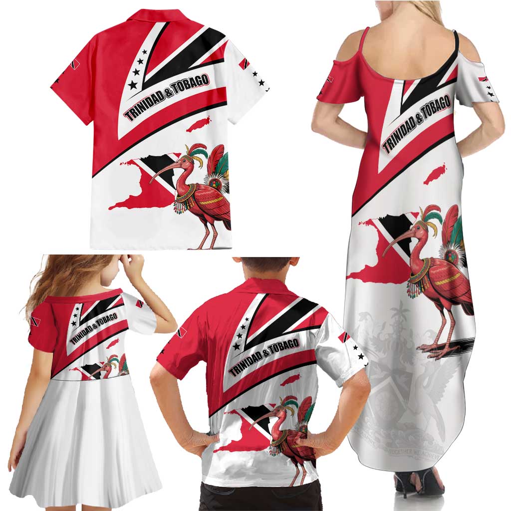 Trinidad and Tobago National Map Family Matching Summer Maxi Dress and Hawaiian Shirt with Scarlet Ibis and Coat of Arms on Red White Star Theme - Wonder Print Shop