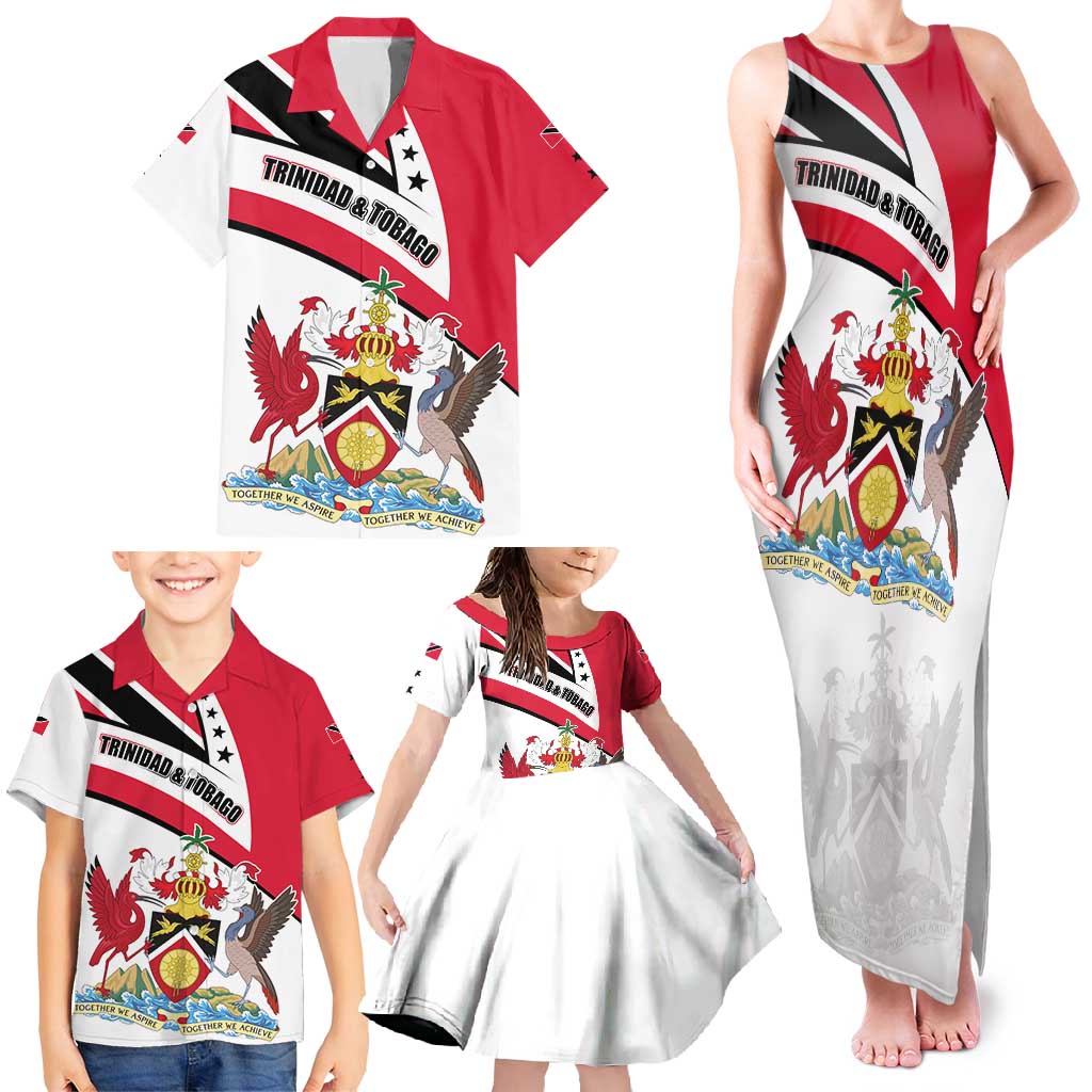 Trinidad and Tobago National Map Family Matching Tank Maxi Dress and Hawaiian Shirt with Scarlet Ibis and Coat of Arms on Red White Star Theme - Wonder Print Shop