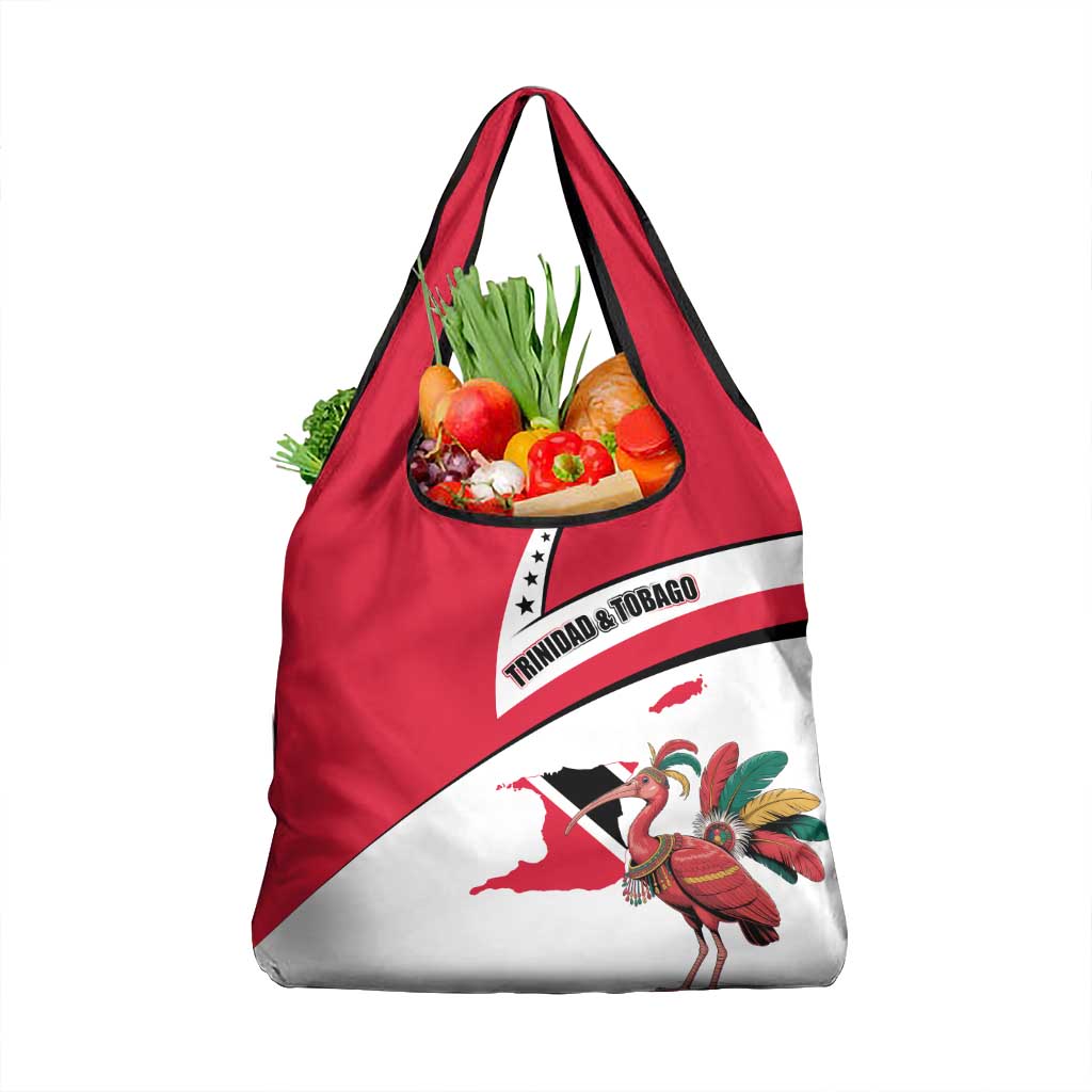 Trinidad and Tobago National Map Grocery Bag with Scarlet Ibis and Coat of Arms on Red White Star Theme - Wonder Print Shop