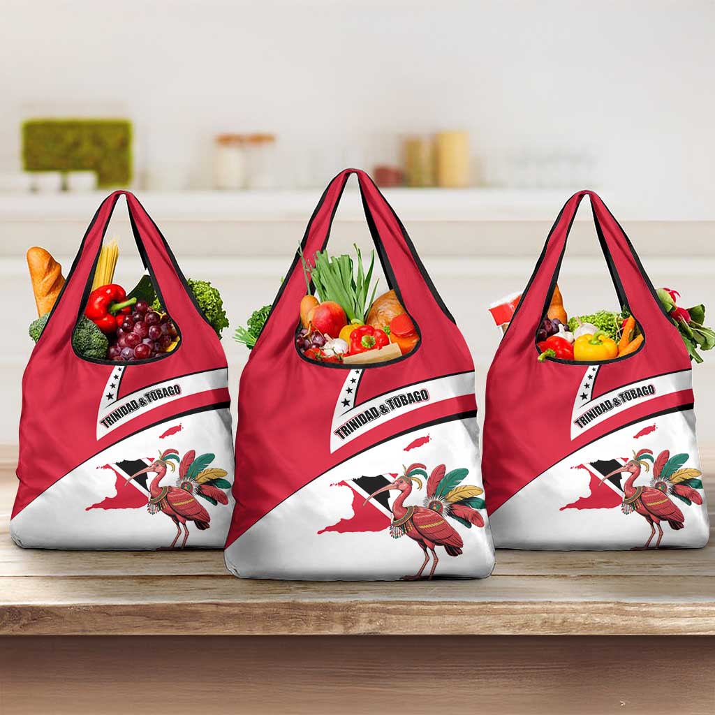 Trinidad and Tobago National Map Grocery Bag with Scarlet Ibis and Coat of Arms on Red White Star Theme - Wonder Print Shop