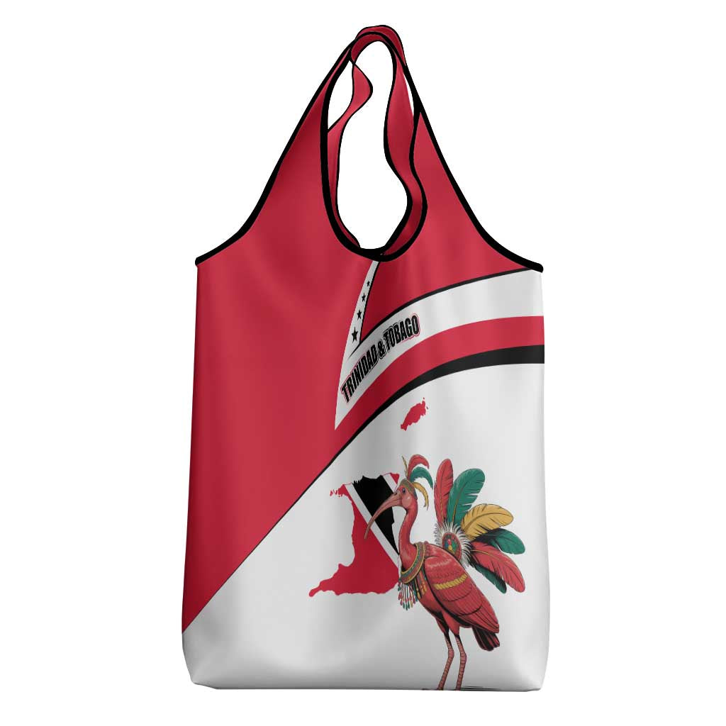 Trinidad and Tobago National Map Grocery Bag with Scarlet Ibis and Coat of Arms on Red White Star Theme - Wonder Print Shop