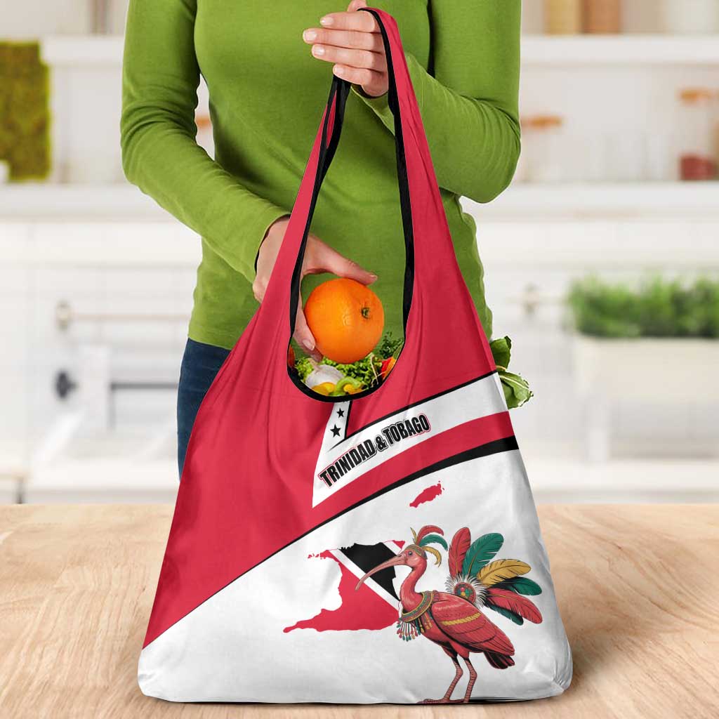 Trinidad and Tobago National Map Grocery Bag with Scarlet Ibis and Coat of Arms on Red White Star Theme - Wonder Print Shop
