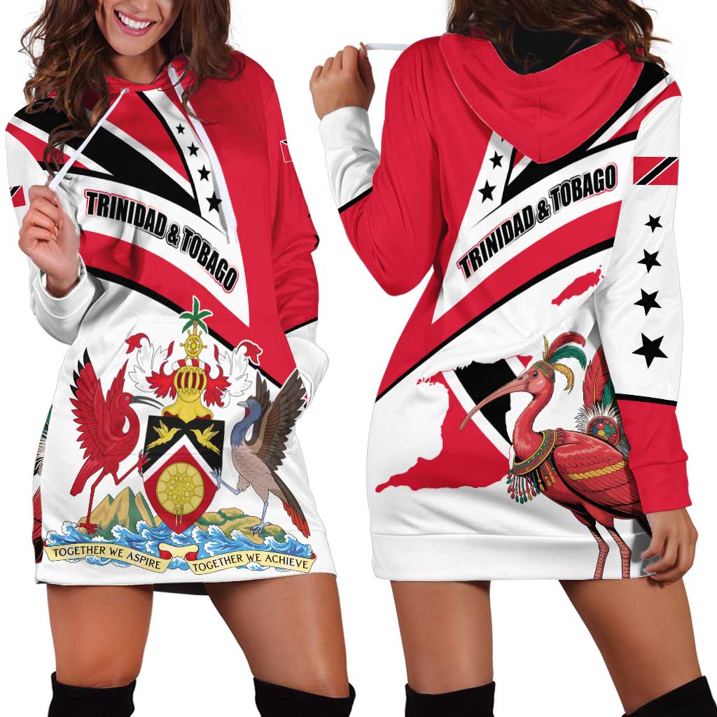 Trinidad and Tobago National Map Hoodie Dress with Scarlet Ibis and Coat of Arms on Red White Star Theme - Wonder Print Shop