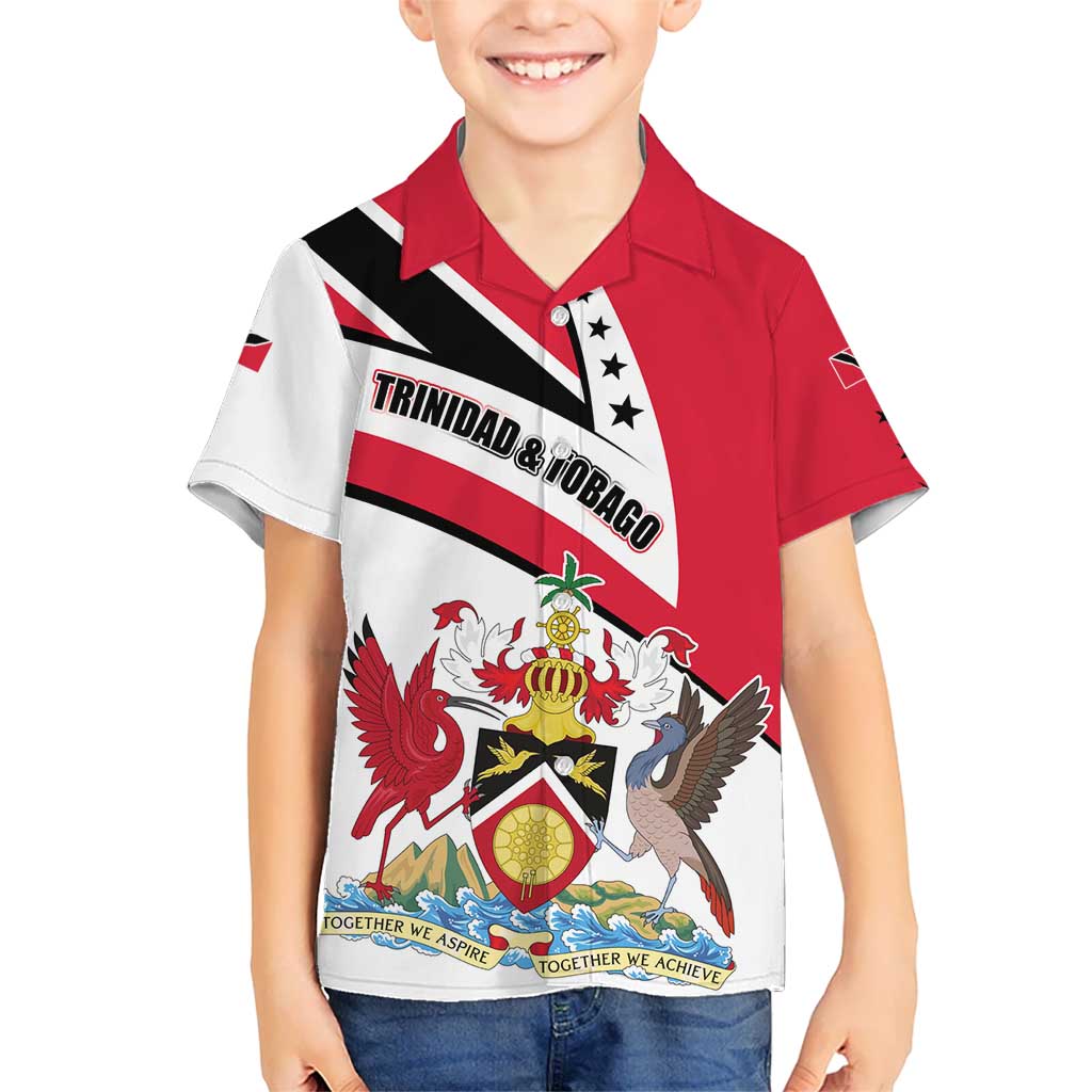 Trinidad and Tobago National Map Kid Hawaiian Shirt with Scarlet Ibis and Coat of Arms on Red White Star Theme - Wonder Print Shop