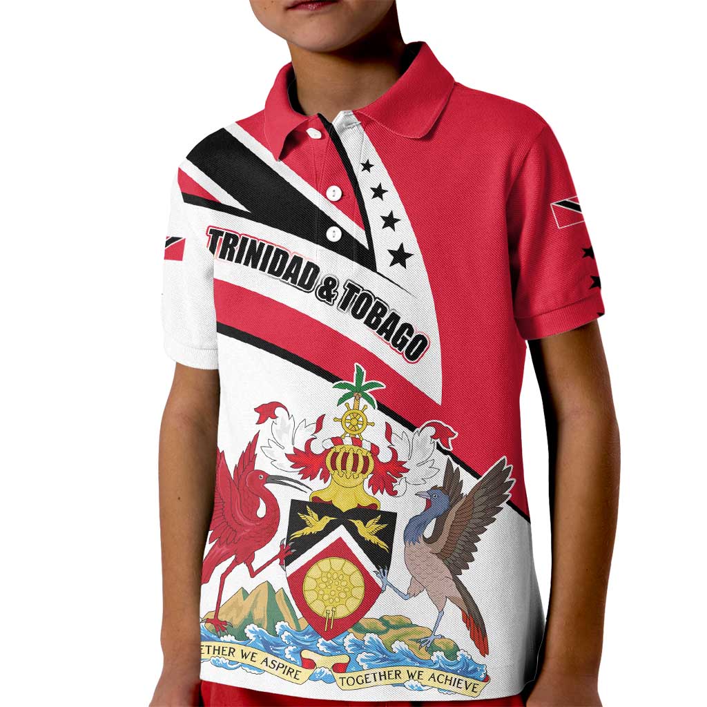 Trinidad and Tobago National Map Kid Polo Shirt with Scarlet Ibis and Coat of Arms on Red White Star Theme - Wonder Print Shop