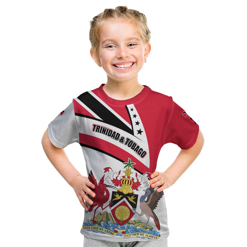 Trinidad and Tobago National Map Kid T Shirt with Scarlet Ibis and Coat of Arms on Red White Star Theme - Wonder Print Shop