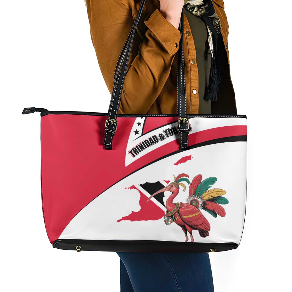 Trinidad and Tobago National Map Leather Tote Bag with Scarlet Ibis and Coat of Arms on Red White Star Theme - Wonder Print Shop