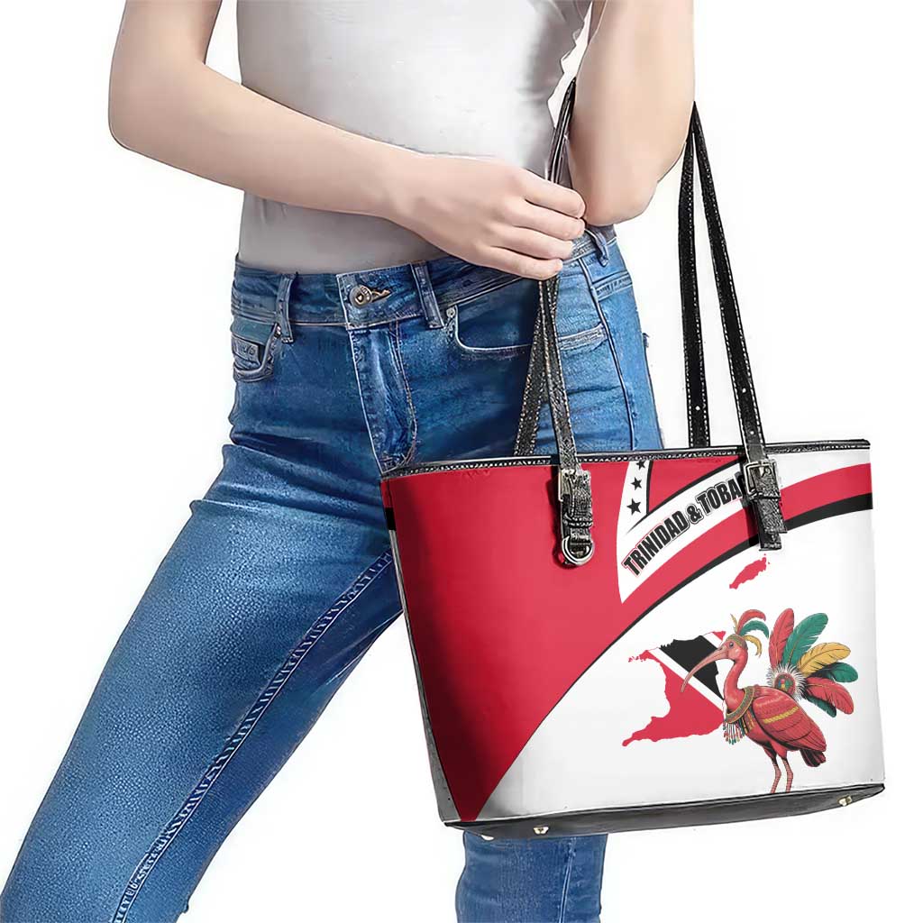 Trinidad and Tobago National Map Leather Tote Bag with Scarlet Ibis and Coat of Arms on Red White Star Theme - Wonder Print Shop
