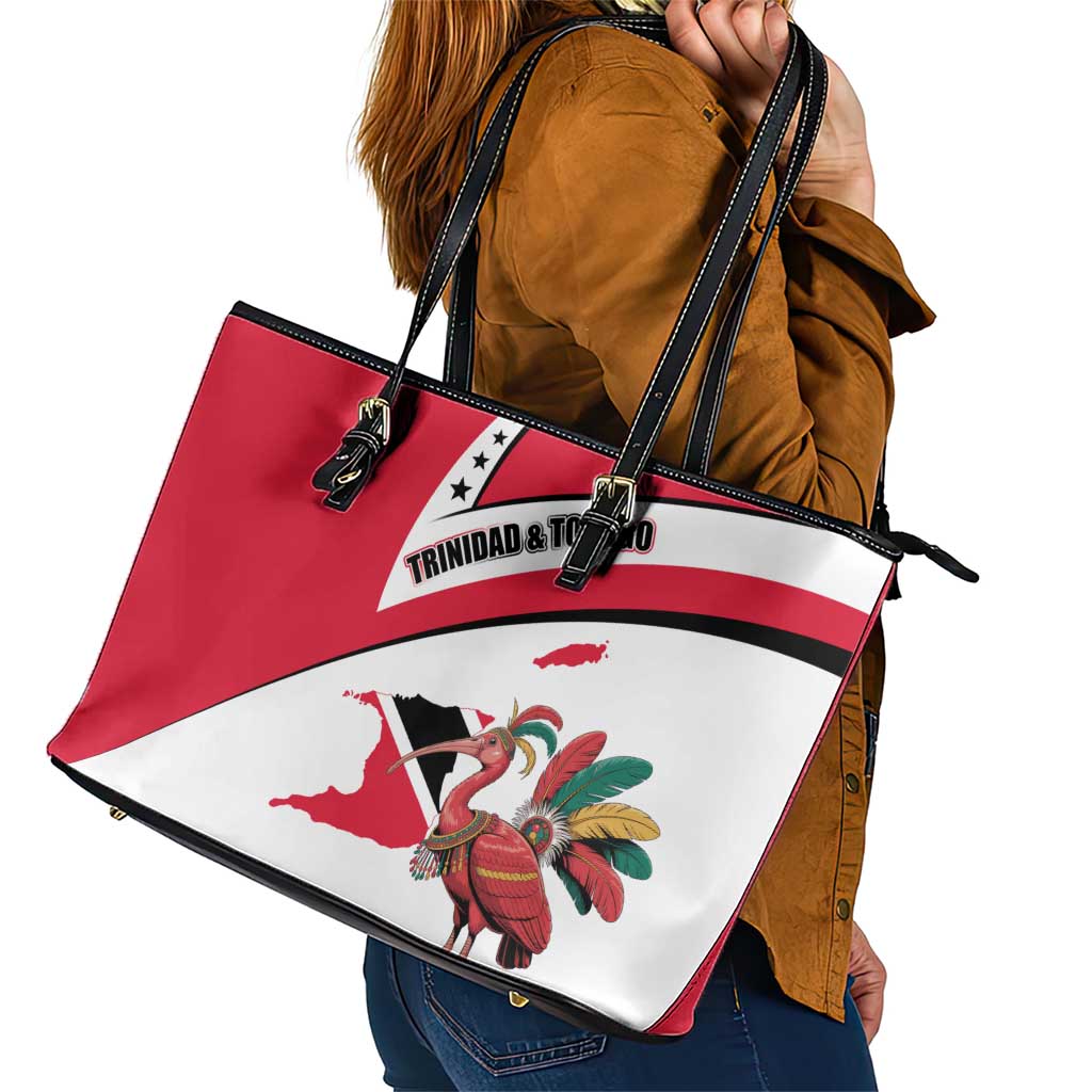 Trinidad and Tobago National Map Leather Tote Bag with Scarlet Ibis and Coat of Arms on Red White Star Theme - Wonder Print Shop