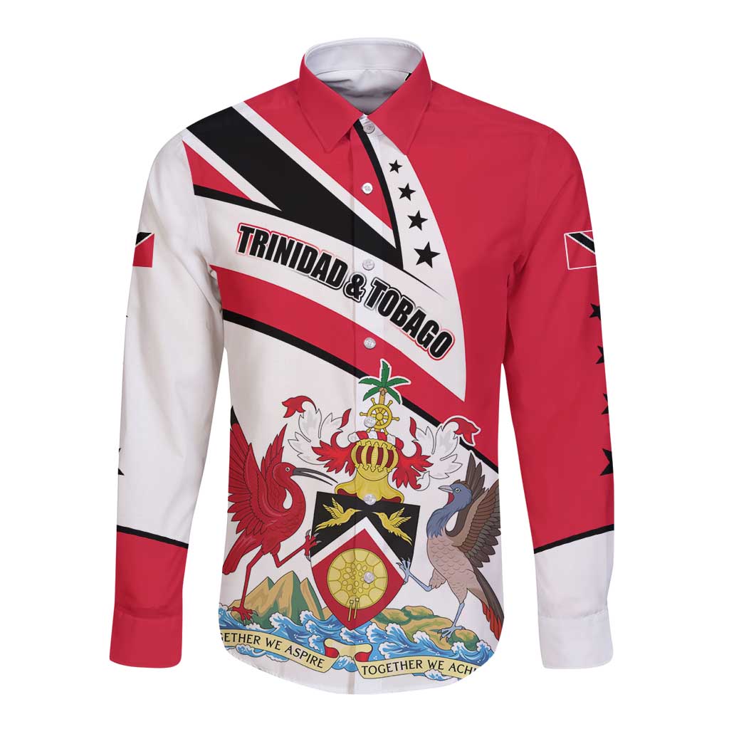 Trinidad and Tobago National Map Long Sleeve Button Shirt with Scarlet Ibis and Coat of Arms on Red White Star Theme - Wonder Print Shop