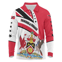 Trinidad and Tobago National Map Long Sleeve Polo Shirt with Scarlet Ibis and Coat of Arms on Red White Star Theme - Wonder Print Shop