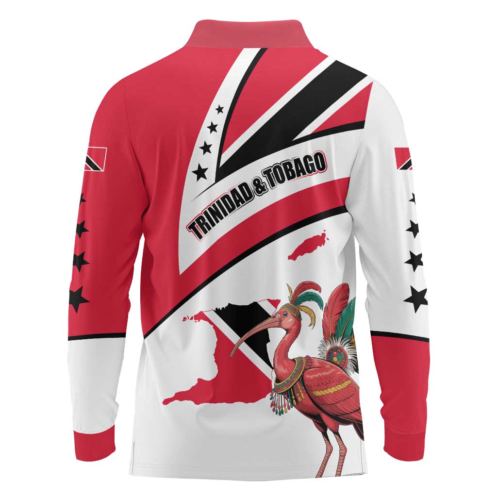 Trinidad and Tobago National Map Long Sleeve Polo Shirt with Scarlet Ibis and Coat of Arms on Red White Star Theme - Wonder Print Shop