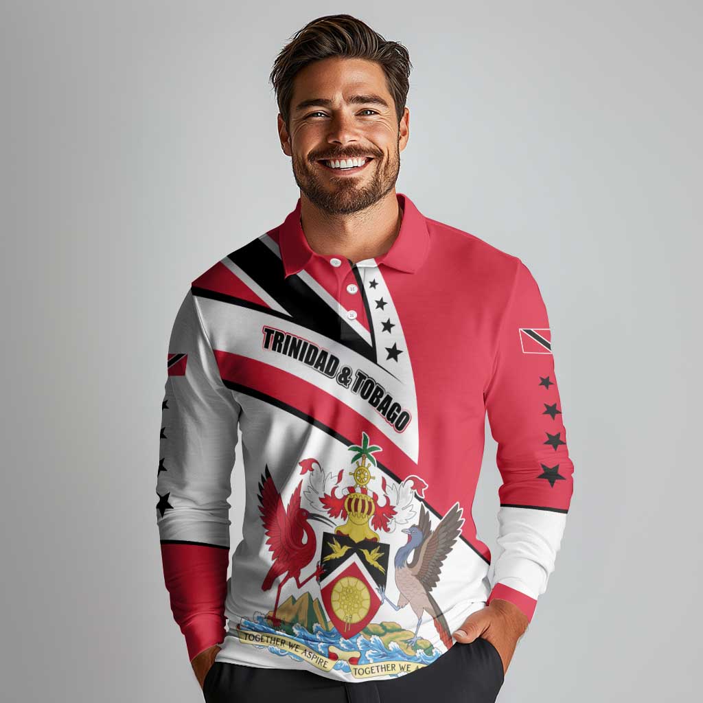 Trinidad and Tobago National Map Long Sleeve Polo Shirt with Scarlet Ibis and Coat of Arms on Red White Star Theme - Wonder Print Shop