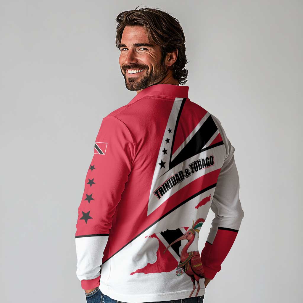 Trinidad and Tobago National Map Long Sleeve Polo Shirt with Scarlet Ibis and Coat of Arms on Red White Star Theme - Wonder Print Shop