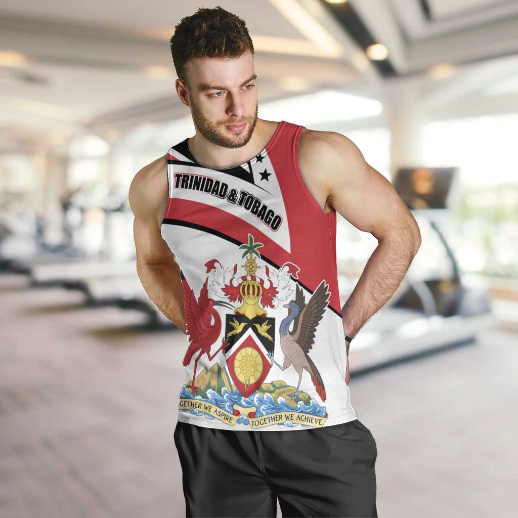 Trinidad and Tobago National Map Men Tank Top with Scarlet Ibis and Coat of Arms on Red White Star Theme - Wonder Print Shop