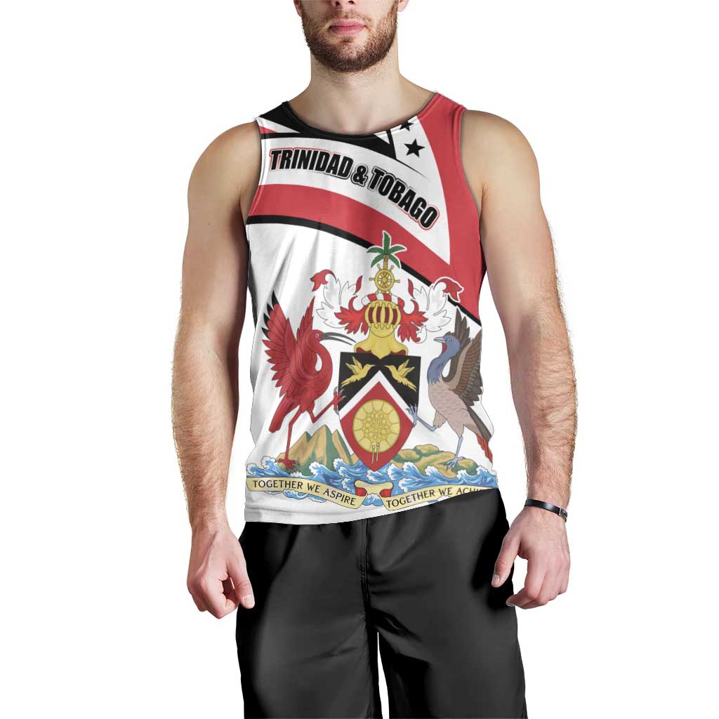 Trinidad and Tobago National Map Men Tank Top with Scarlet Ibis and Coat of Arms on Red White Star Theme - Wonder Print Shop
