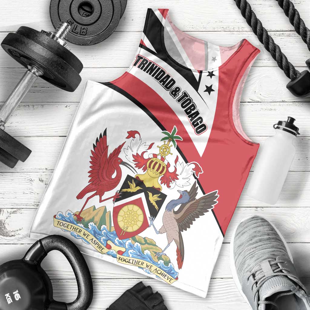 Trinidad and Tobago National Map Men Tank Top with Scarlet Ibis and Coat of Arms on Red White Star Theme - Wonder Print Shop
