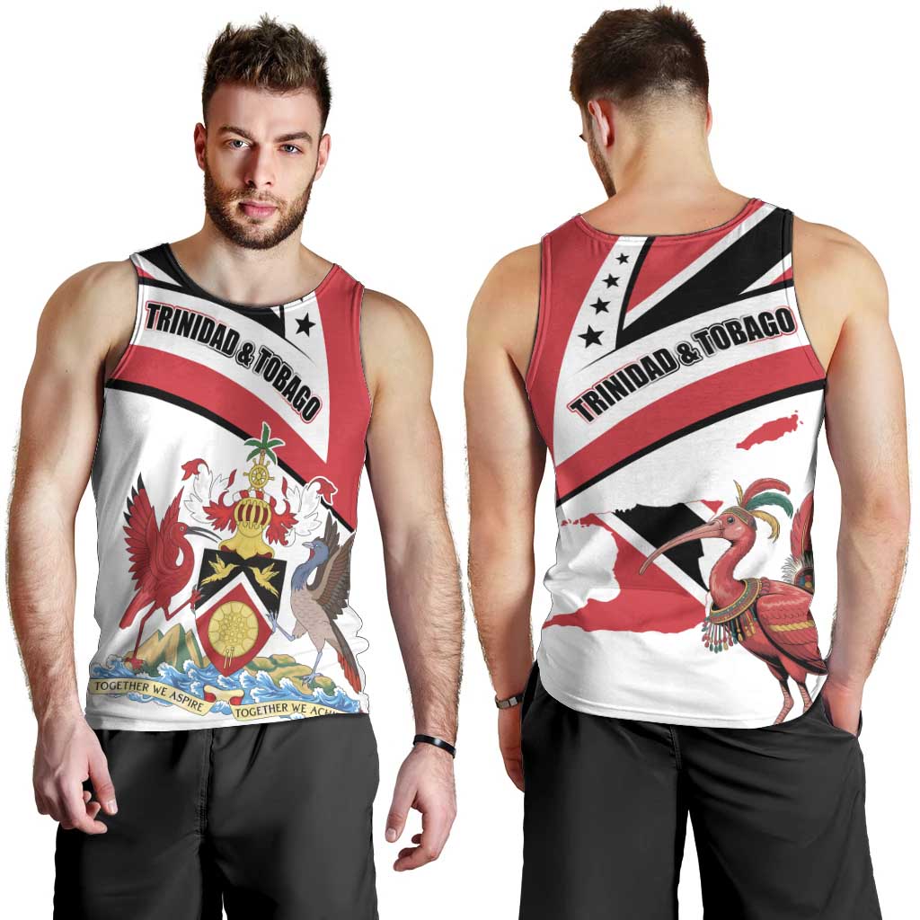 Trinidad and Tobago National Map Men Tank Top with Scarlet Ibis and Coat of Arms on Red White Star Theme - Wonder Print Shop