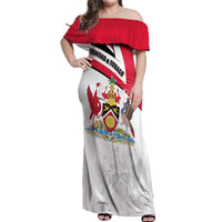 Trinidad and Tobago National Map Off Shoulder Maxi Dress with Scarlet Ibis and Coat of Arms on Red White Star Theme - Wonder Print Shop