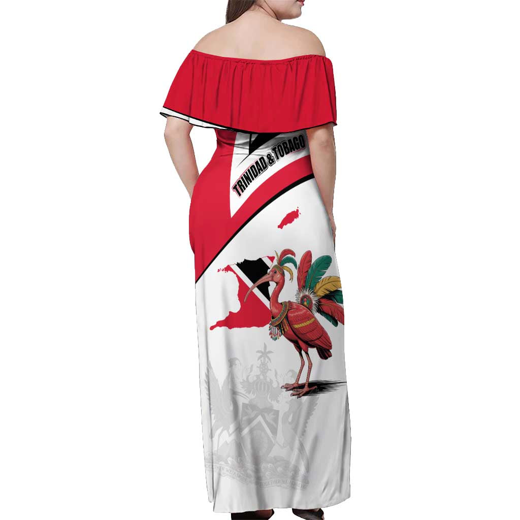 Trinidad and Tobago National Map Off Shoulder Maxi Dress with Scarlet Ibis and Coat of Arms on Red White Star Theme - Wonder Print Shop