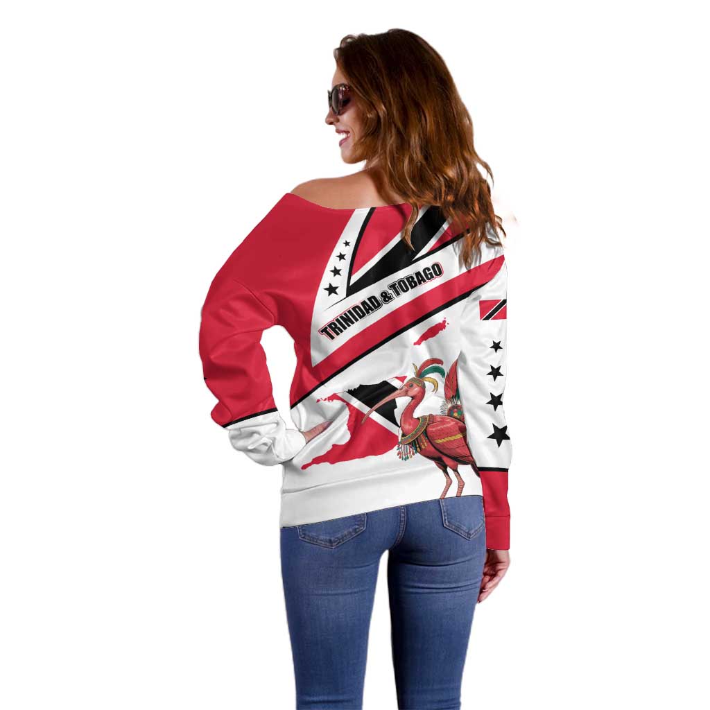 Trinidad and Tobago National Map Off Shoulder Sweater with Scarlet Ibis and Coat of Arms on Red White Star Theme - Wonder Print Shop