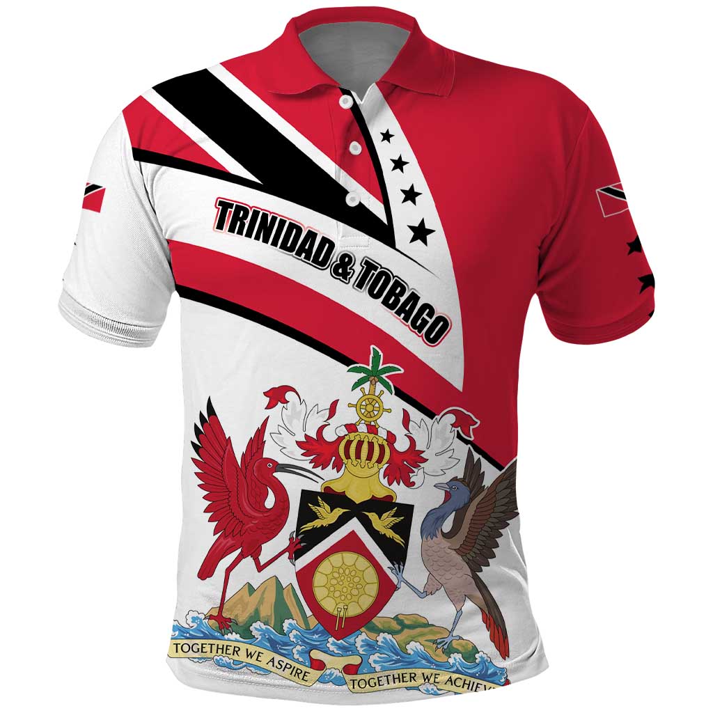 Trinidad and Tobago National Map Polo Shirt with Scarlet Ibis and Coat of Arms on Red White Star Theme - Wonder Print Shop